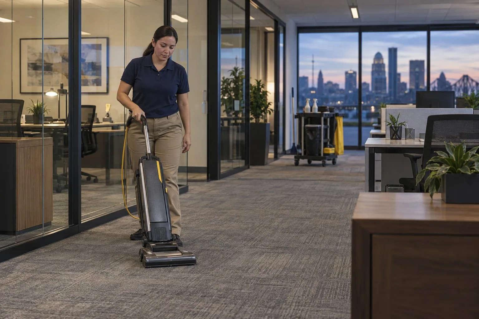 Professional cleaner vacuuming carpet in a modern office